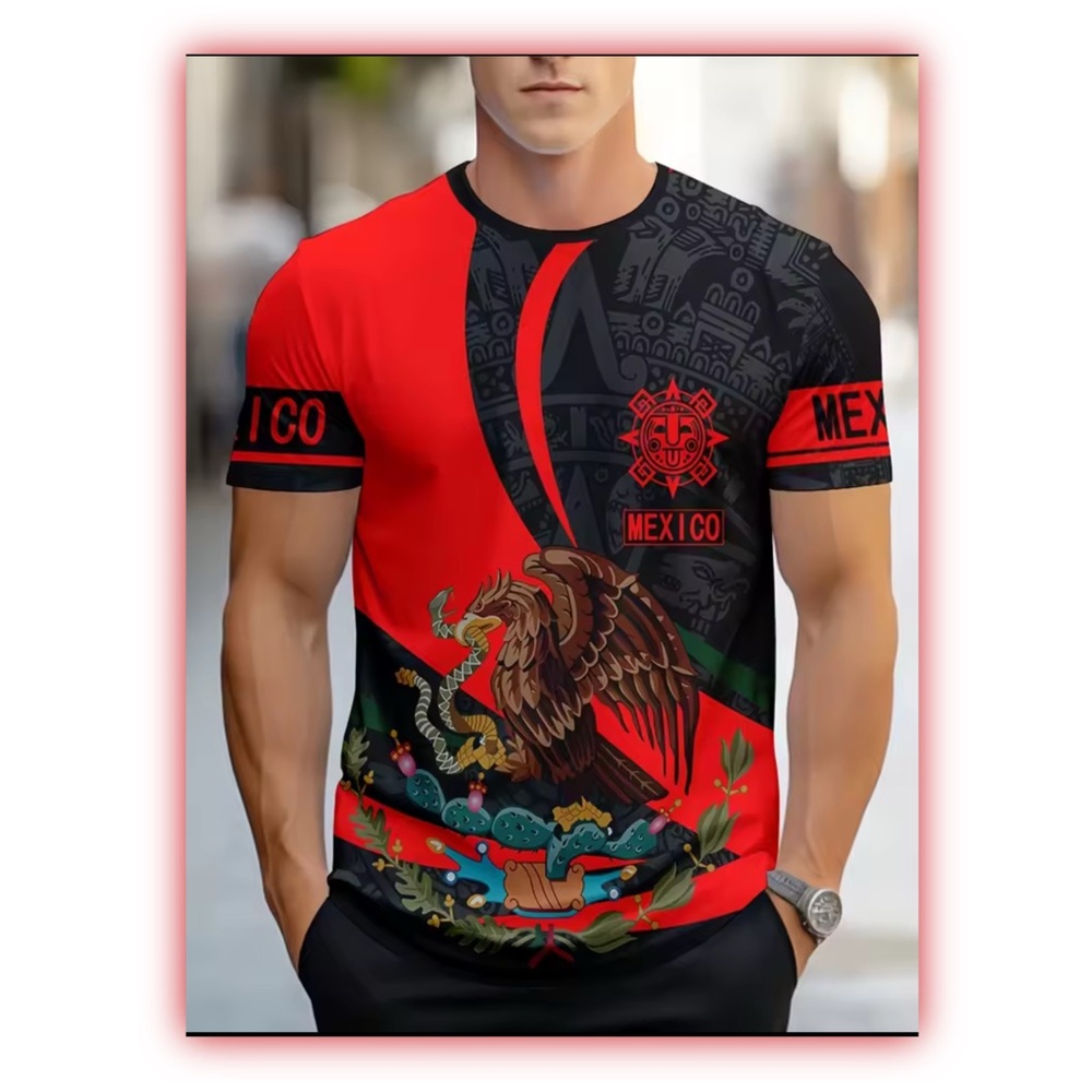 Mexican Flag Print T-Shirt - Red and Black Crew Neck Short Sleeve Casual Top